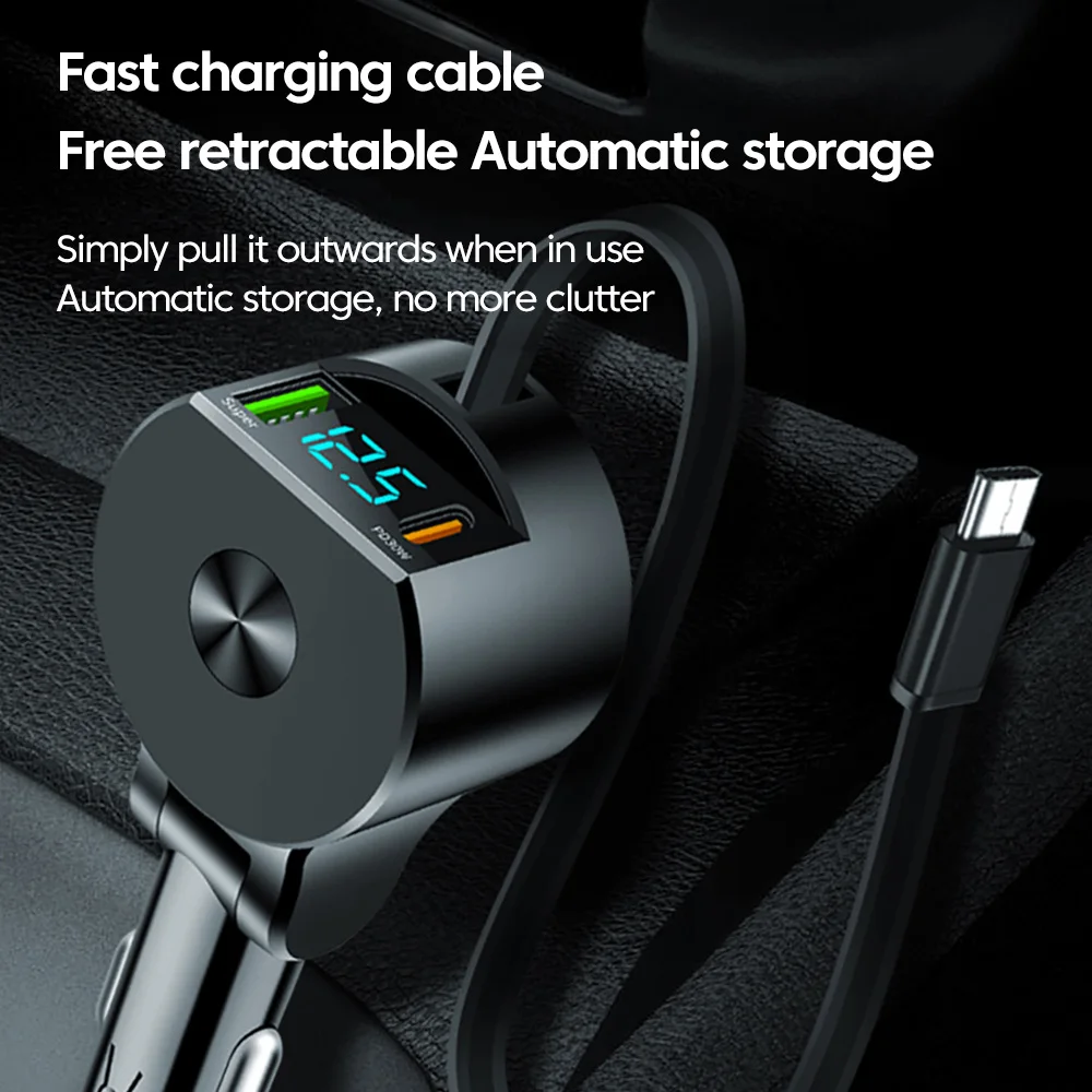 120W Scalable Car Charger Fast Charging PD QC3.0 Digital Display Retractable Cable USB Type C Car Lighter Charger Adapter