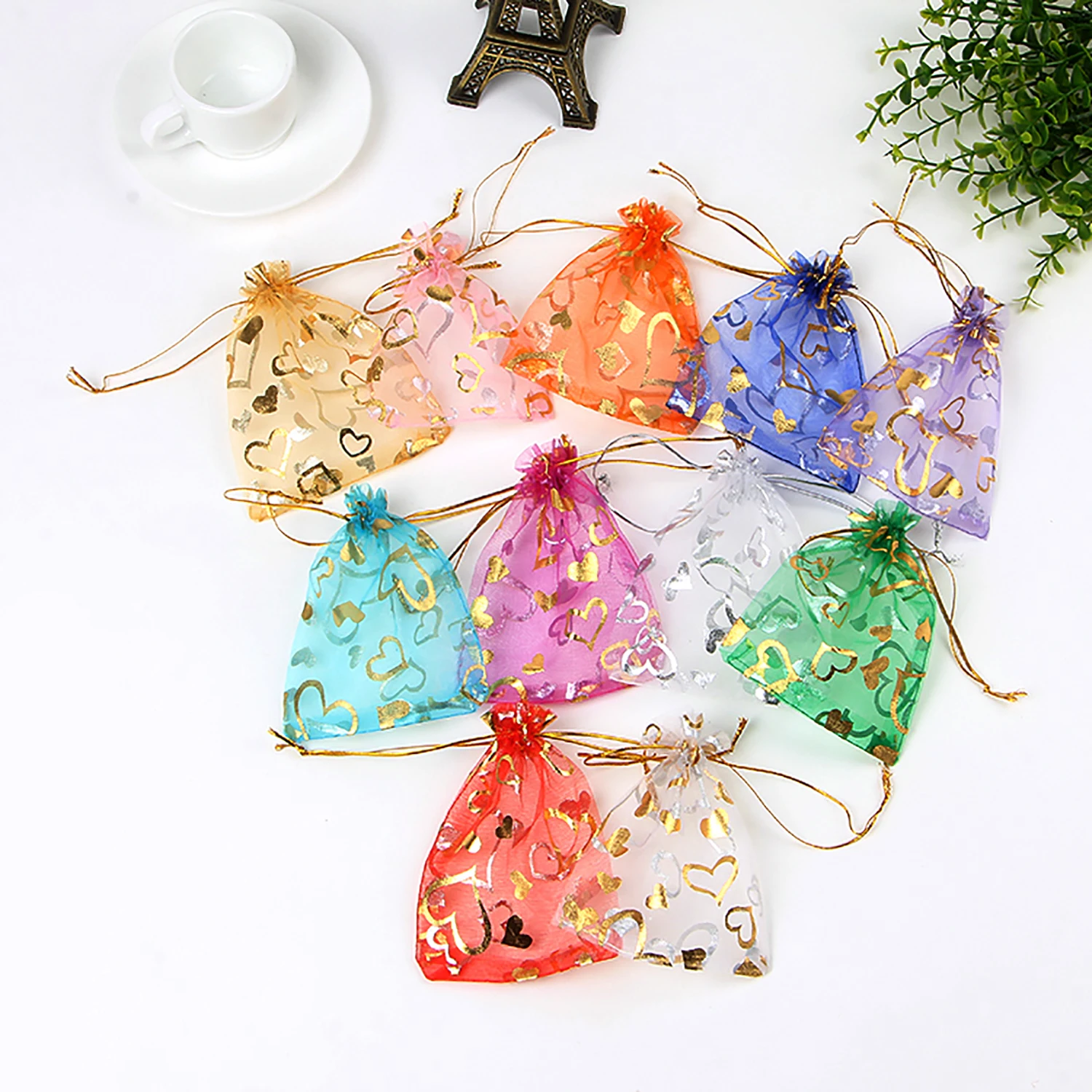 100pcs/lot 7x9cm 9x12cm Mixed Gold Color Heart Star Adjustable Drawstring Pouch Bags for Wedding Gifts Organza Jewelry Pouch