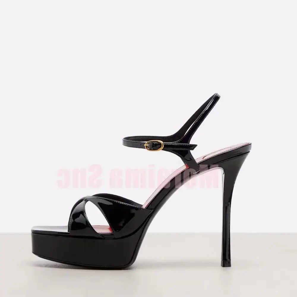 Patent Leather Platform Sandals Square Toe Cross Strap Stiletto High Heel Black Solid Sexy Fashion Women's Summer Shoes Banquet
