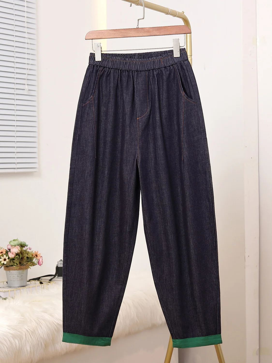 Cintura alta elástica solta pai jeans feminino casual perna reta algodão primavera novo sle nove pontos calças harmônicas