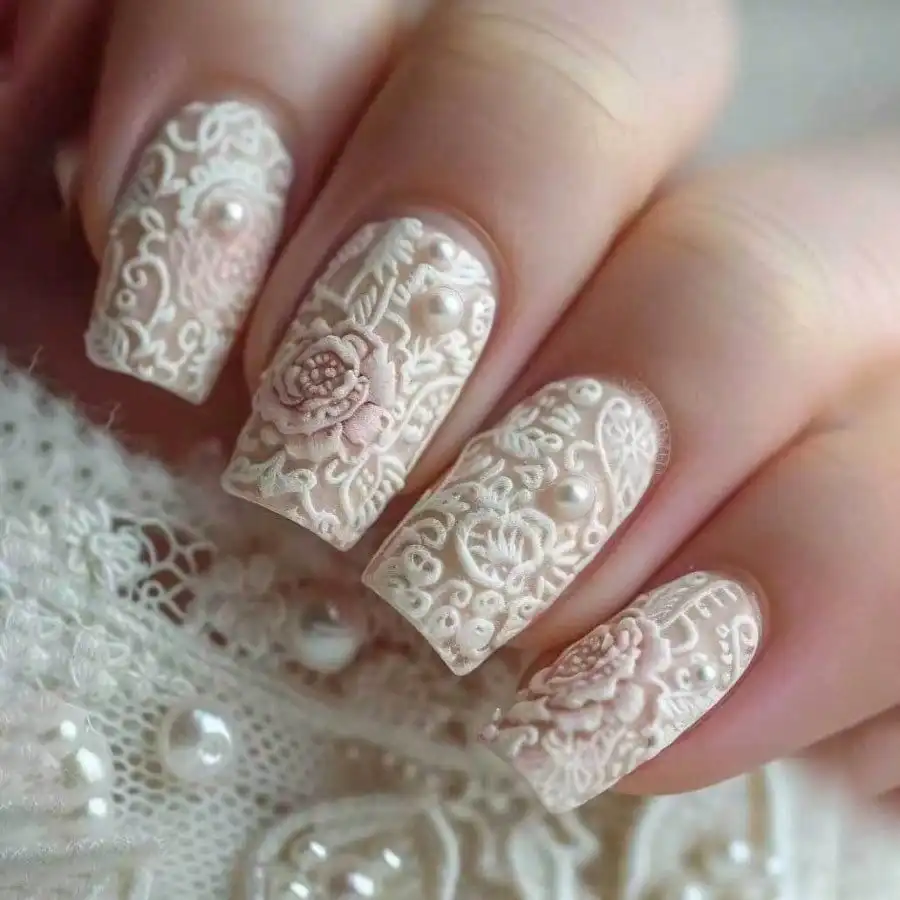 

24Pcs Nail Art Kit, 3D Embossed Lace Floral, Pearls & Gems, Gothic Grunge, Long Coffin Stick Nails DIY Set for Women