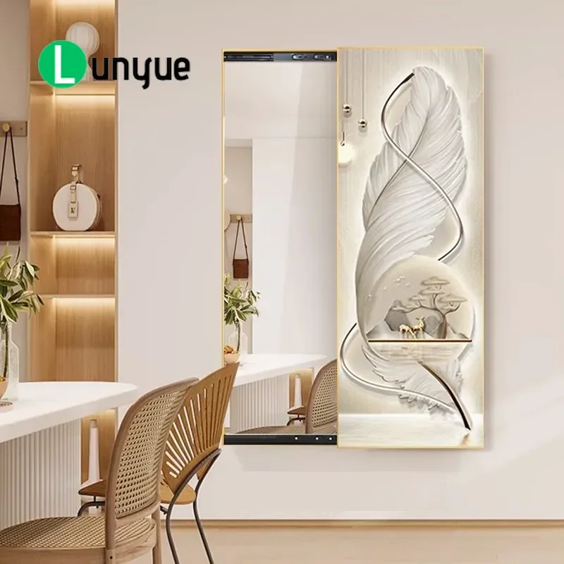 Push Pull Full Body Mirror Decorative Painting Hidden Full Length Mirror Mural Feather Design for Bedroom Entrance Fitting
