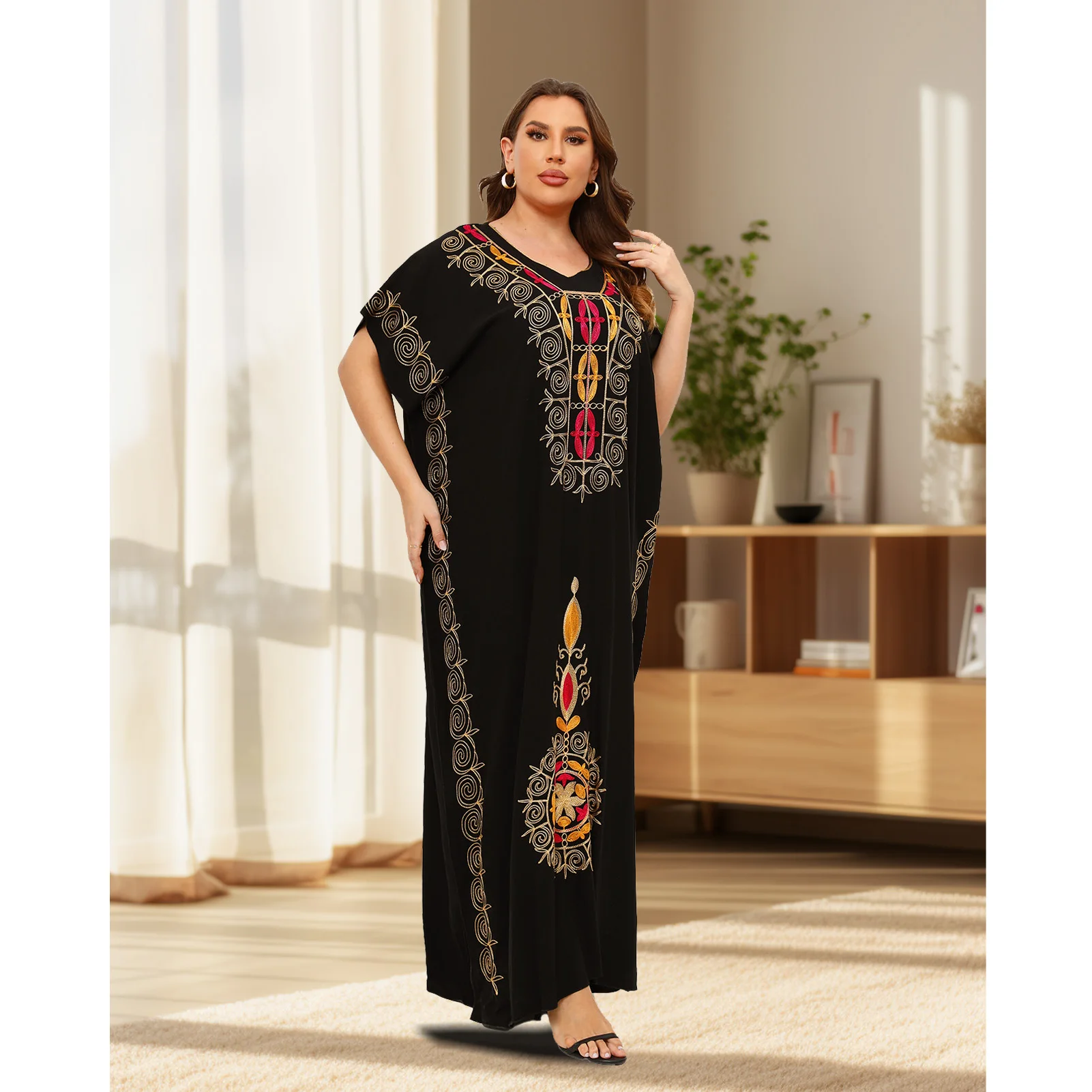 PlusSize Moroccan Traditional Dress Abaya For Women\'s Kaftan African O-neck Jilbab Short Sleeve Loose Lady Casual Kaftan