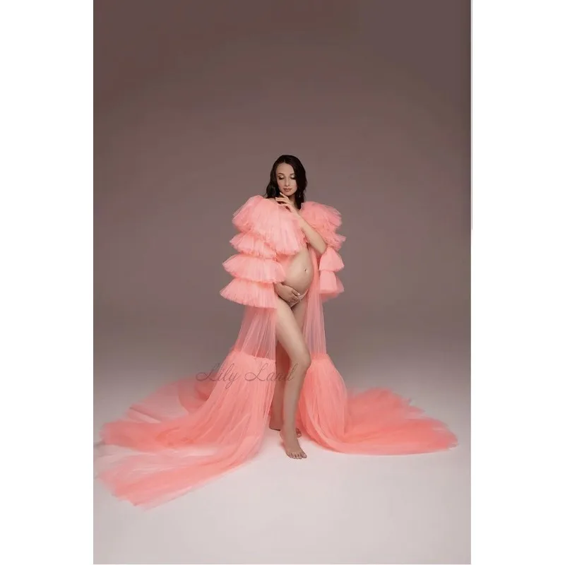 Coral Tulle Maternity Maxi Robe with Train – Plus Size Sheer Boudoir Gown with Ruffles for Pregnancy Photoshoo
