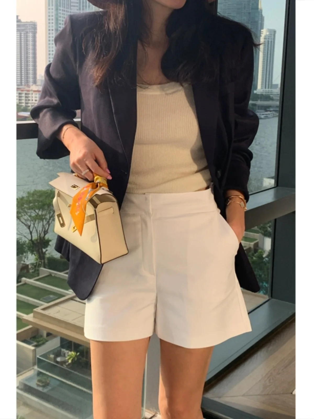 High Waist Three-Quarter Length Suit Shorts Women's Summer Fashion Thin Wide Leg Pants Casual Commute Style Pocket Detail