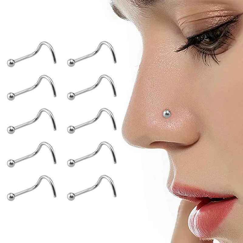 10pcs Steel Ball Bending Bar Nose Stud for Women Men Stainless Steel Nostril Stud Screw Fashion Nose Bone Stud Piercing Jewelry