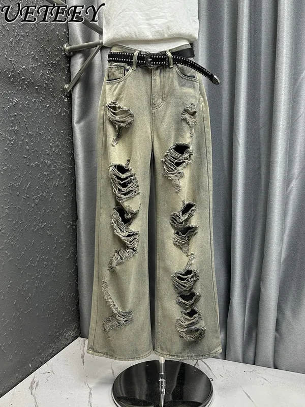 

Vintage Washed Ripped Floor-Length Straight Wide-Leg Pants for Women Summer New Versatile High-Waisted Slimming Denim Trousers