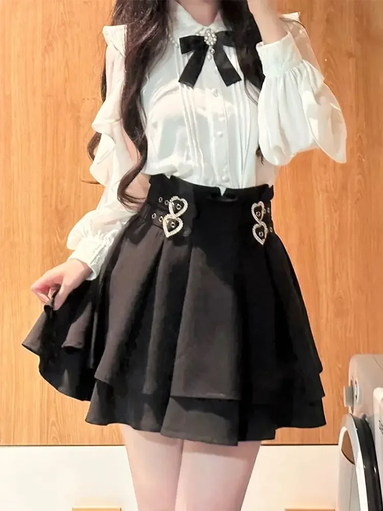 SOIOMES Japanese Sweet Style Summer Lace Shirt A-line Short Skirt Set for Women