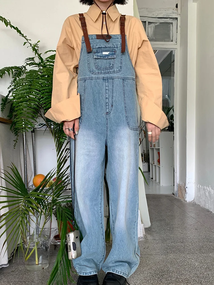 

Fashion Women Denim Overalls Korean Style Casual Large Pockets Jumpsuits Vintage Loose Wide Leg Trousers