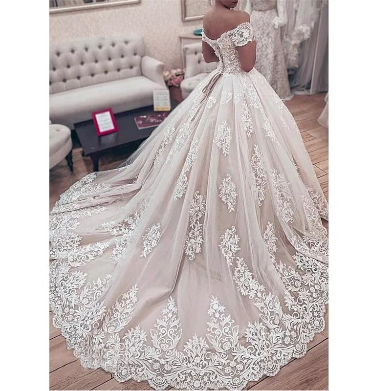 Vestido de fiesta de princesa, para boda, hombros descubiertos, apliques de encaje, coda reale, abito da sposa retrò palazzo.