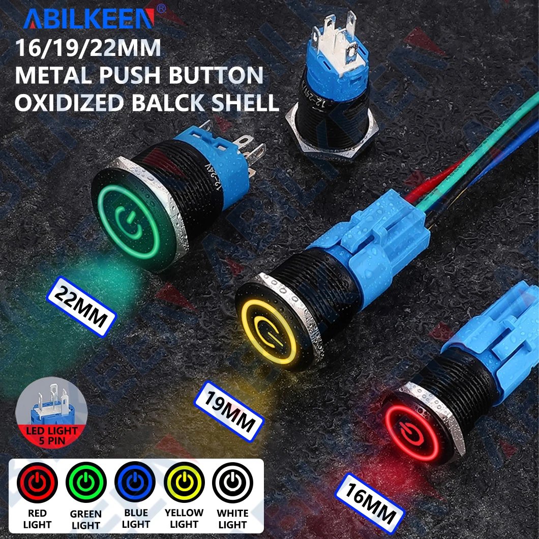 ABILKEEN 19/22MM Metal Push Button Switch 2NO+2NC Momentary/Latching Push Button with LED Light Illuminated 3V/6V/12V/24V/220V