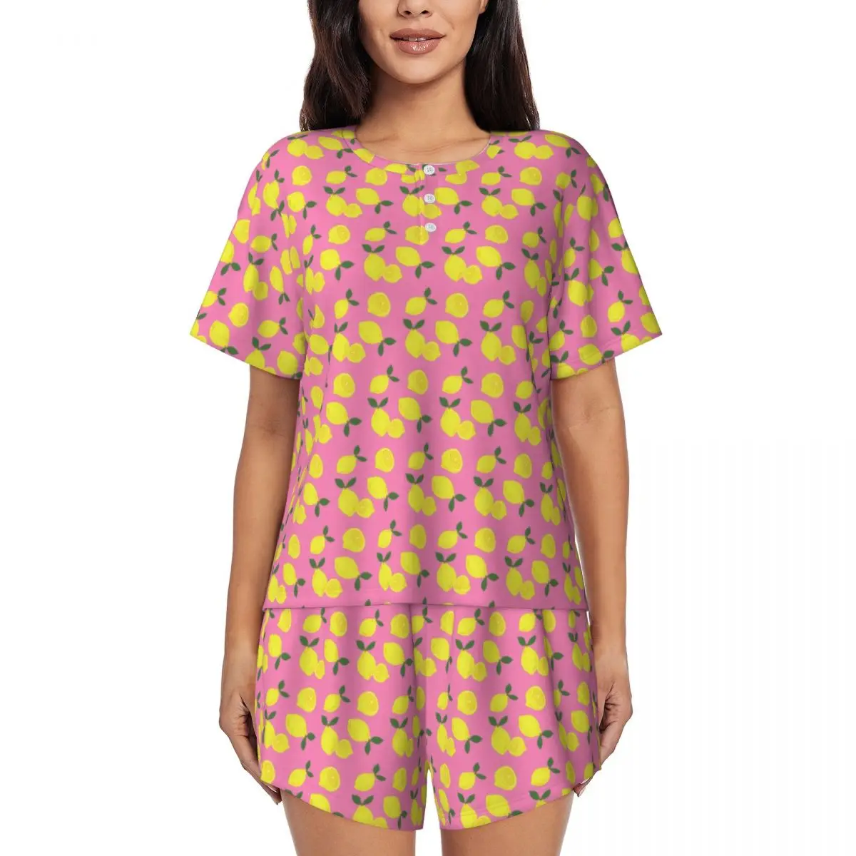 Yellow Lemon Print Pajamas Women Citrus Fruit Retro Sleepwear Summer Short Sleeve 2 Pieces Leisure O Neck Pattern Pajamas Set