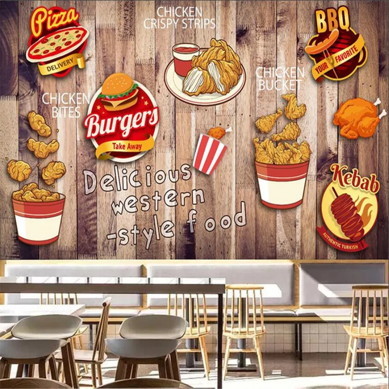 Custom Fried Chicken Burger Wallpaper Fast Food Restaurant Snack Bar Background Wall Paper Self-adhesive Mural Papel De Parede