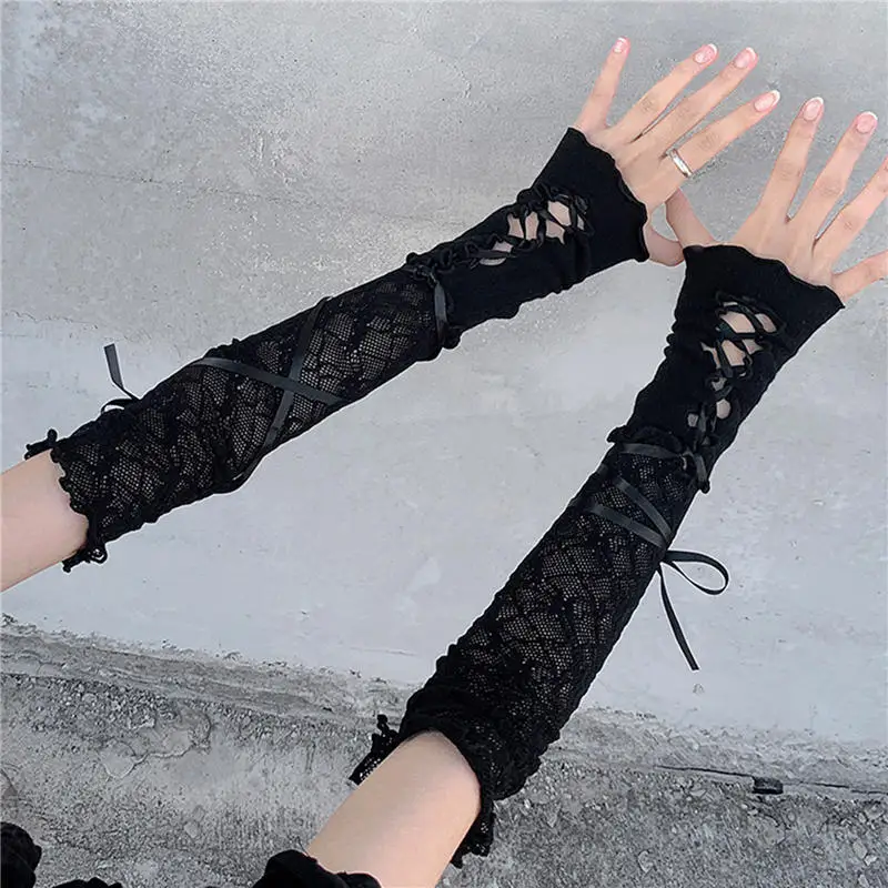 ผู้หญิงLolita Jkลูกไม้FingerlessถุงมือBlack Gothic DIYสายรัดครีมกันแดดเสื้อผ้าอุปกรณ์เสริมตาข่ายยืดหยุ่นPunkถุงมือ