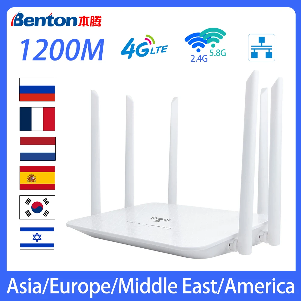 

Benton Dual Band WiFi Router 4G SIM Card 4G LTE Router VPN Wireless Router WAN LAN 1200M 2.4GHz 5.8GHz WiFi Repeater