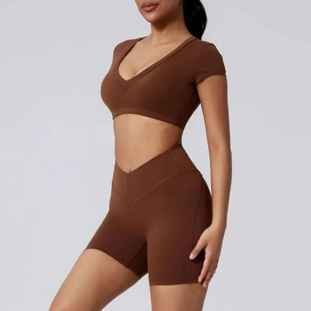 Women Outdoor Sports Sets Deep V Crop Tops Shorts Tracksuits Gym Running Training Yoga Suits Tops Short Leggins Tights 2 Pieces