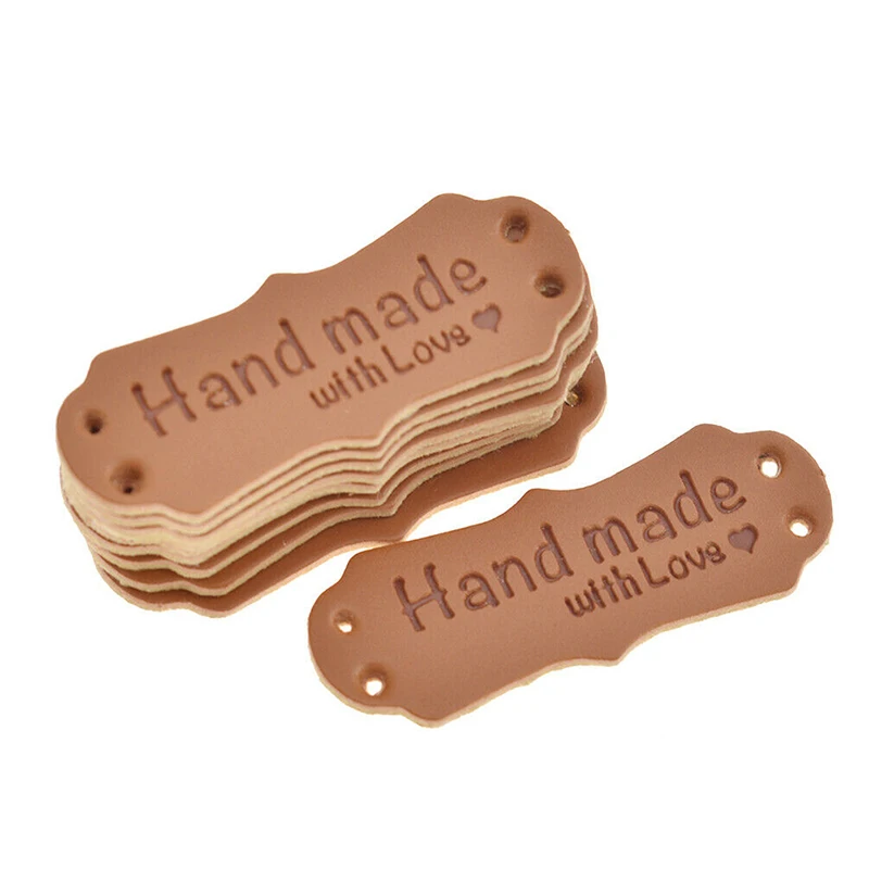 50pcs DIY Sewing Craft PU Leather Labels Tags For Handmade Hat Bag Hand Made With Love Label For Clothes Tag Garment Accessories