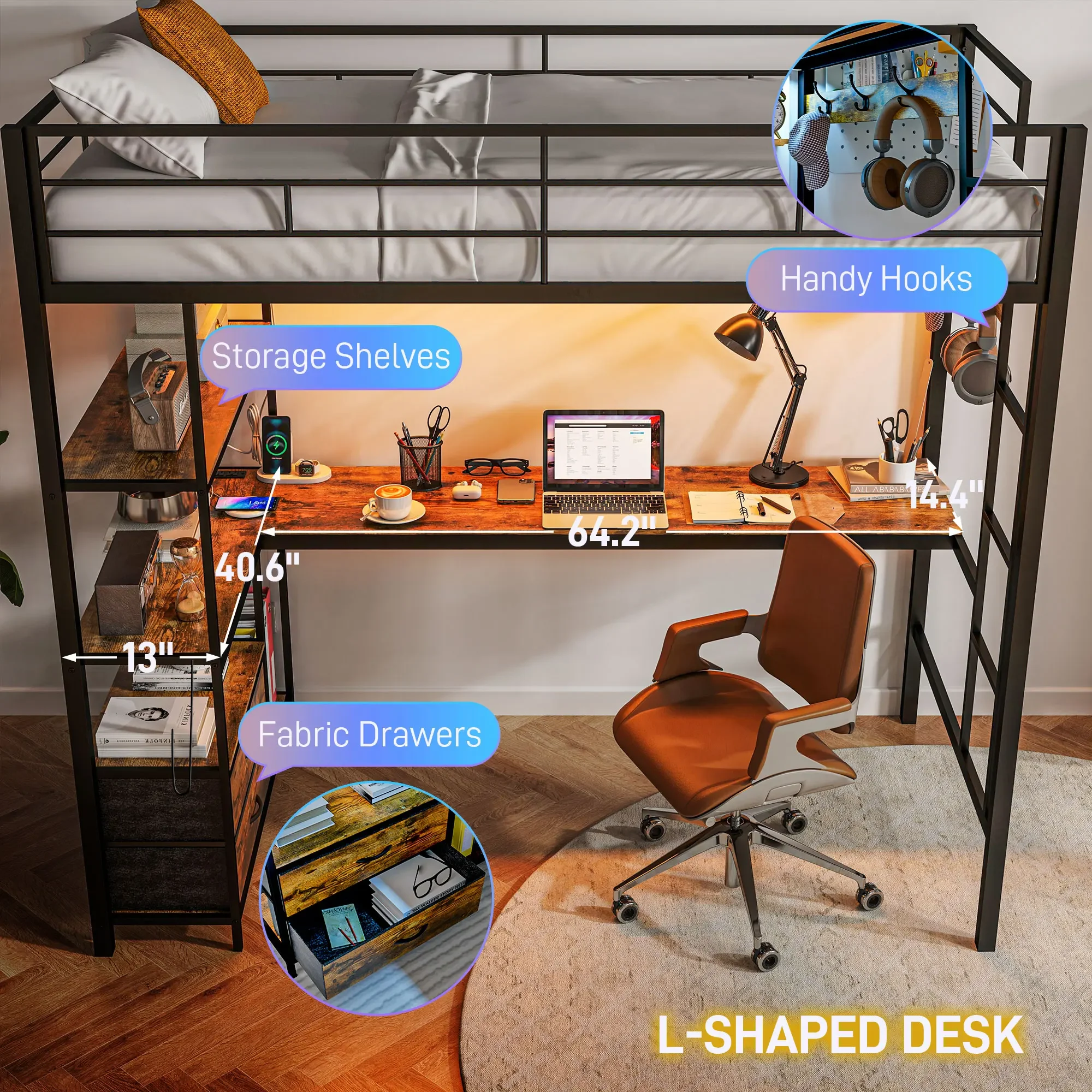 

Twin Size Loft Bed frame with L-shaped desk with shelves,with Full-length guardrails and anti-slip foot pads ,furniture bedroom