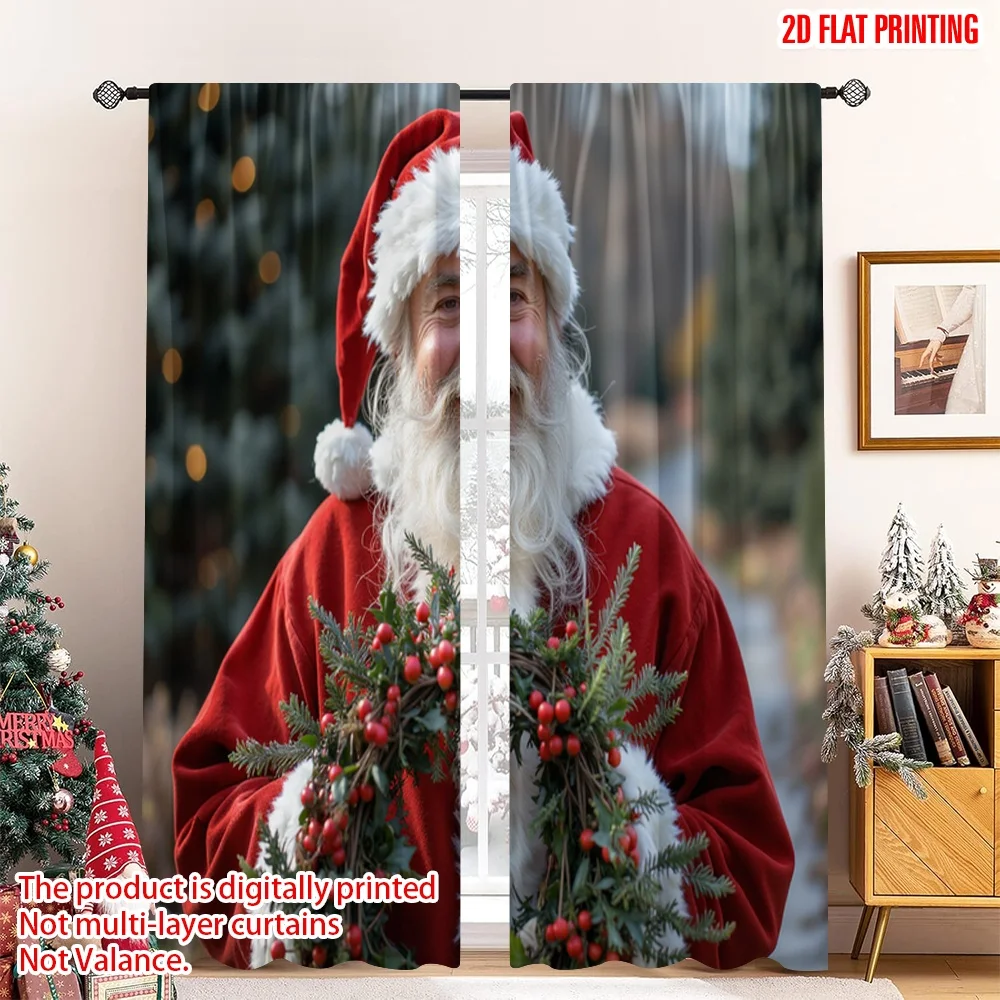 

2pcs 2D flat printing Merry Christmas Popular Drapes Santa Claus Holly Wreath Festive Christmas Polyester Fabric Without
