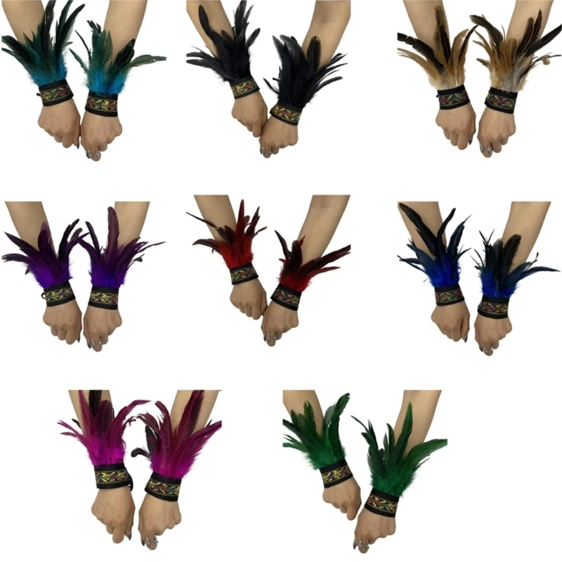 

50JB Halloween Role Play Wrist Cuffs for Girl Ethnic Feather Wristband Wrist Decorative Bracelet Gothic Vintage Arm Sleeves