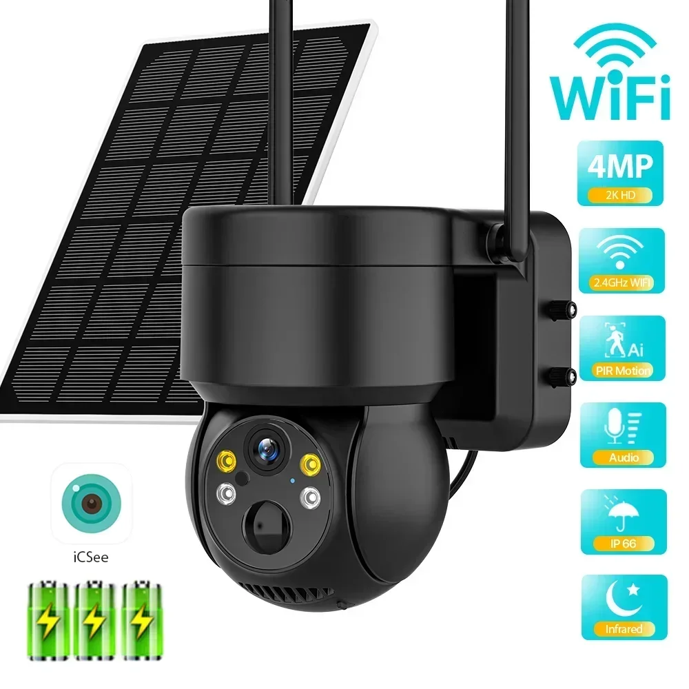 pir alarme humano bateria embutida recarga icsee sem fio wifi ip ptz exterior camera hd com painel solar 4mp 7800mah 01