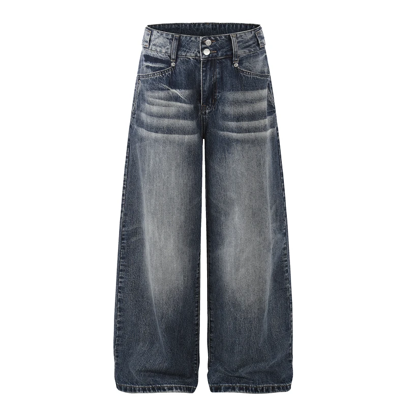 Gxfortune Jeans Americano Retrô Lavado Unissex com Perna Reta e Larga, Calça Longa Versátil de Cintura Média com Fechamento p...