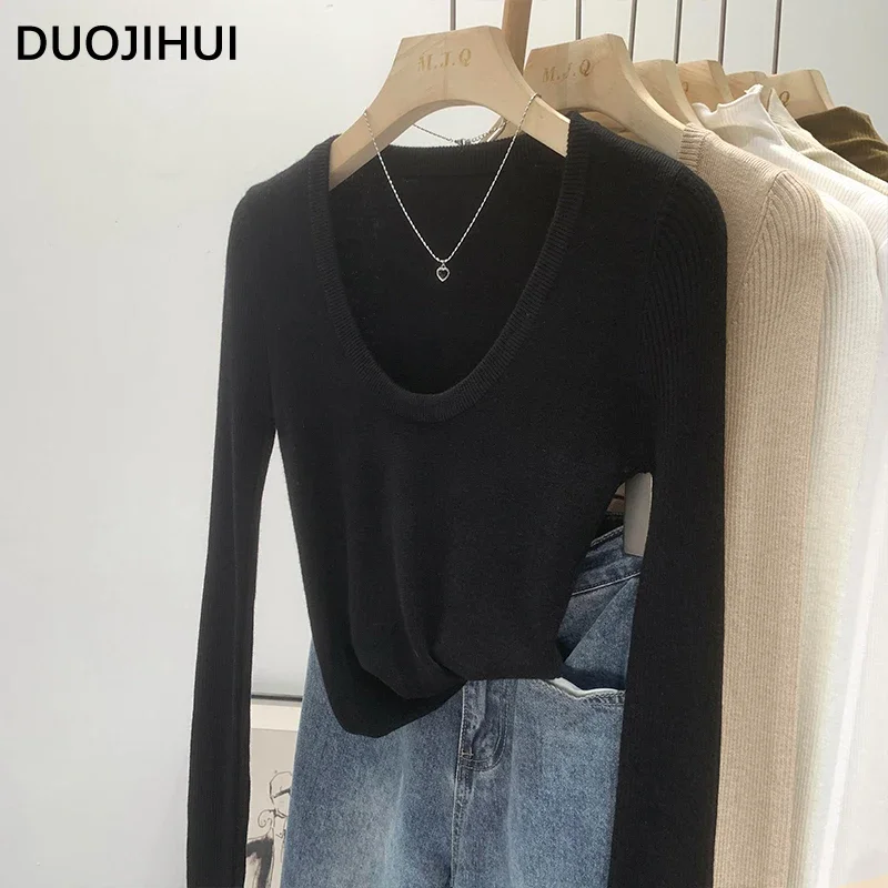 DUOJIHUI New Chic Neck Slim Knitting Autumn Female T-shirts Simple Casual Fashion Office Ladies Basic Solid Color Women T-shirts