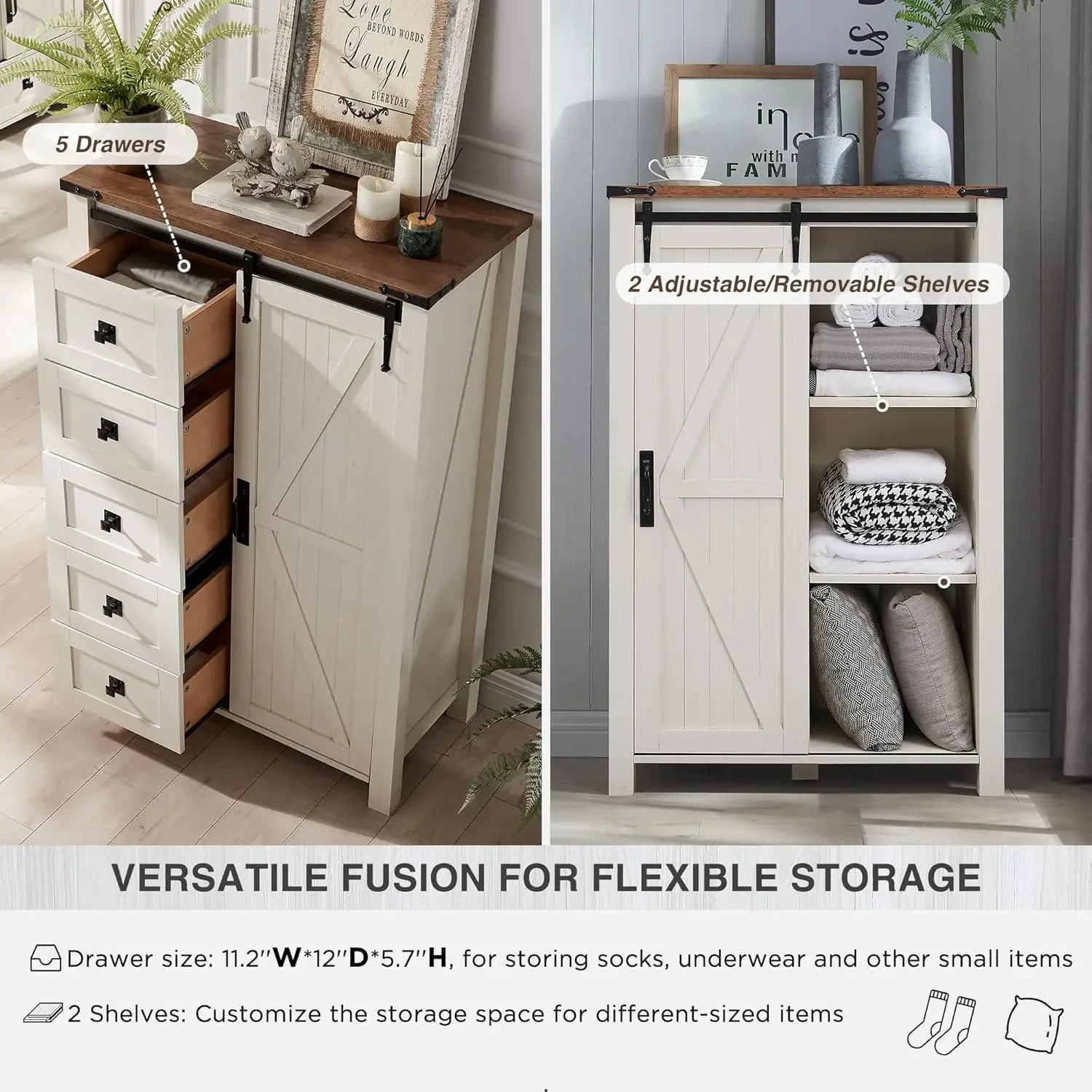 5 Drawers Dresser for Bedroom w/Sliding Barn Door, Farmhouse Modern Tall Dresser 5 Chest of Drawers, Storage Organizer D