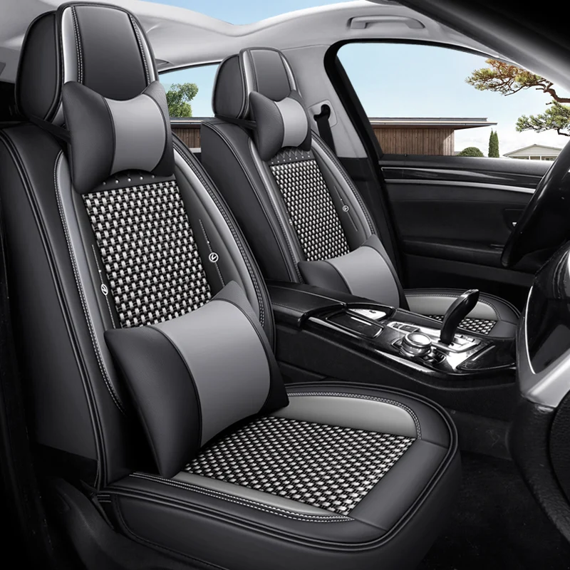 

Front Row Double Seats, Luxurious Ice Silk Full-Cover Car Seat Covers, Universal Fit, Soft, Comfortable, and Breathable, Suitable for All Seasons, Three-Dimensional Full Surround Design, Ergonomic Design, Paired with Comfortable Headrest and Lumbar Suppor