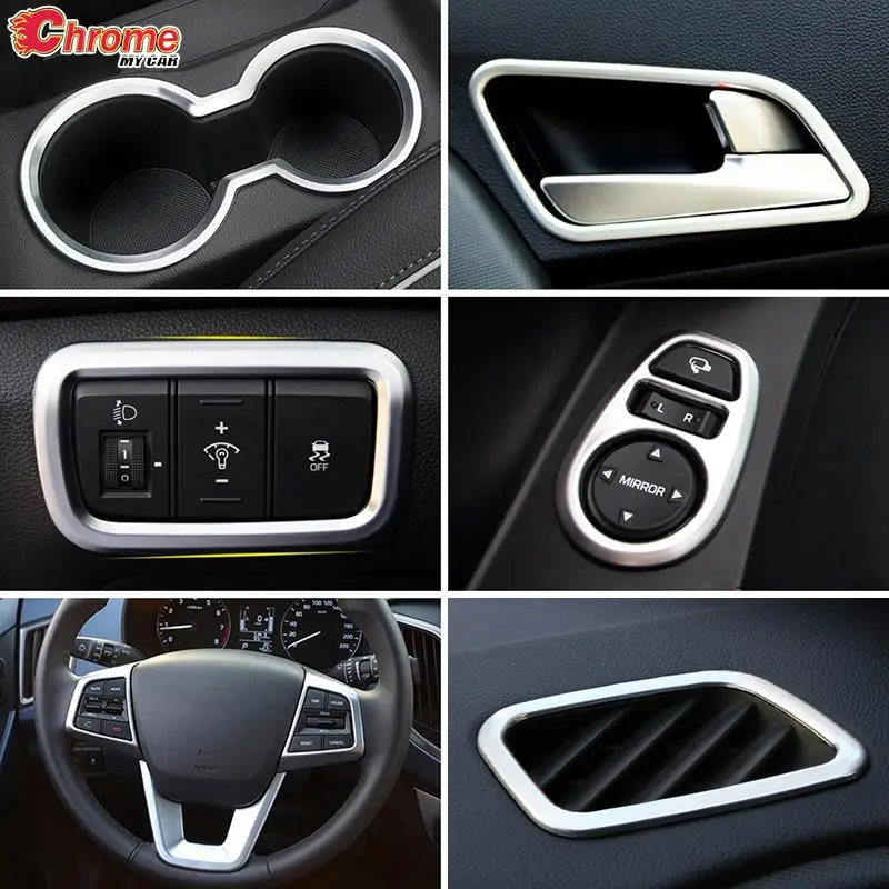 For Hyundai Creta IX25 2015-2019 2020 Chrome Car Interior Door Handle Air Vent Cup Holder Light Switch Steering Wheel Cover Trim