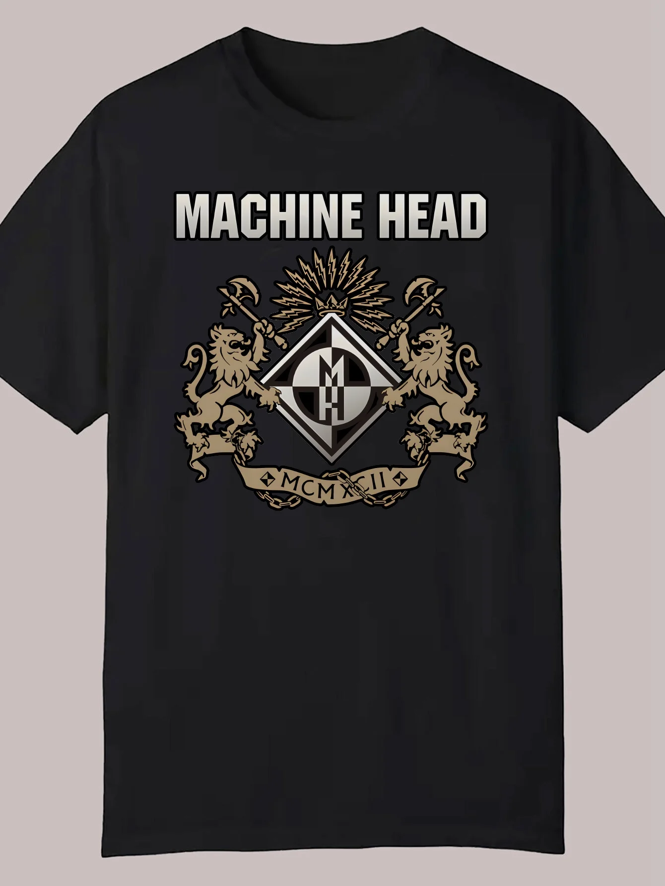 

Men'S Casual "Machine Head" Graphic T-Shirt - Black Polyester, Round Neck, Summer Tee with Lion & Star Design