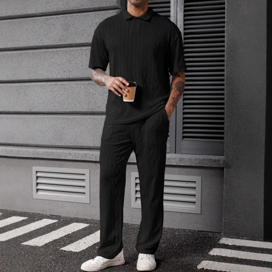 

New men's suit, button-down lapel jacquard short-sleeved top, pocket drawstring summer casual trousers