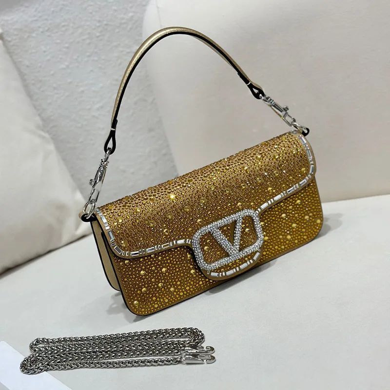 حقيبة سهرة نسائية مرصعة بأحجار الراين المكسورة بالكامل من الجلد المقسم حقيبة أنيقة تحت الإبط حقيبة كتف بسلسلة عصرية بتصميم فاخر ماسي #2