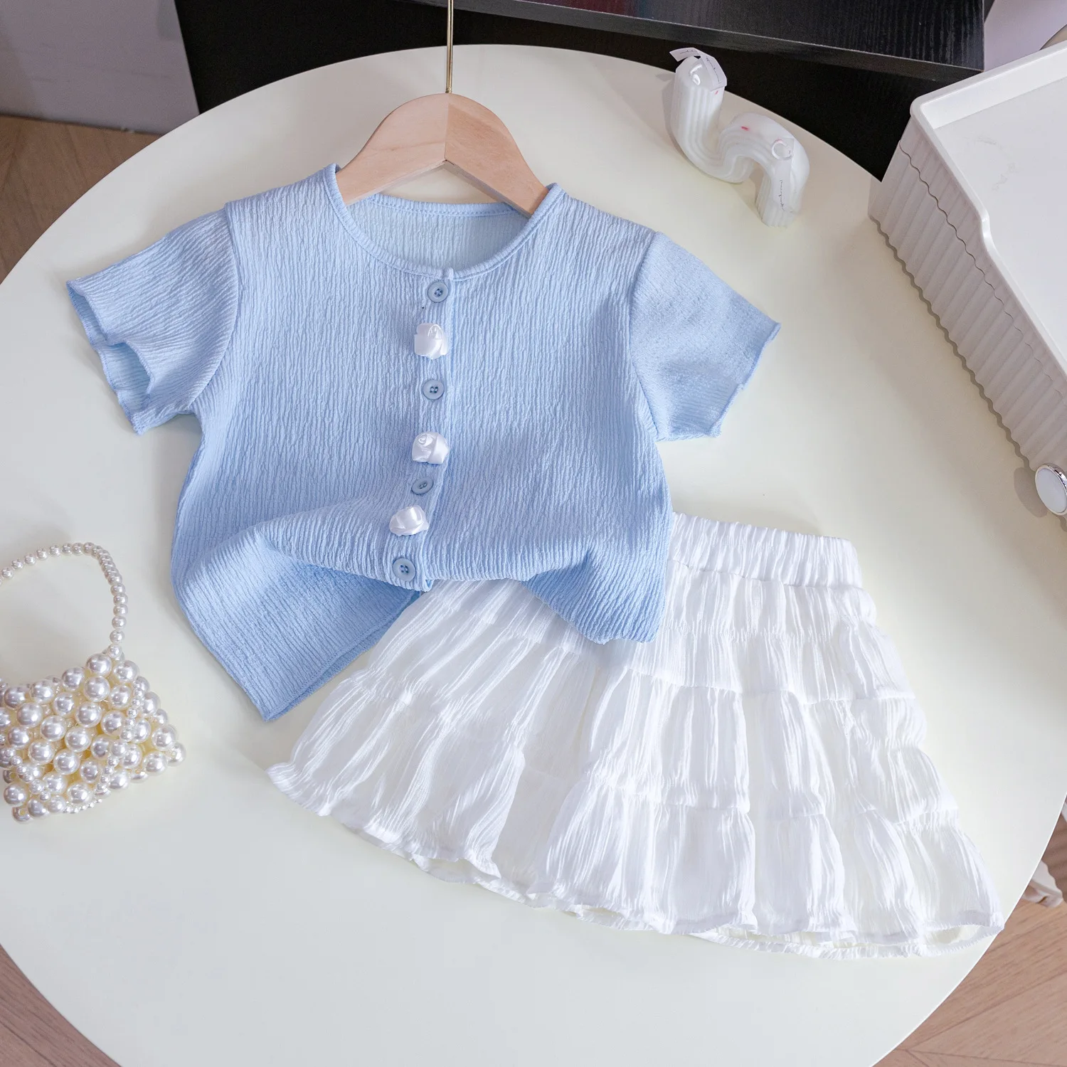 2026 summer new girls Clothes Children set short sleeve Teen cardigan t shirt tops blouse + pleated tutu skirt 4 8 10 12 year