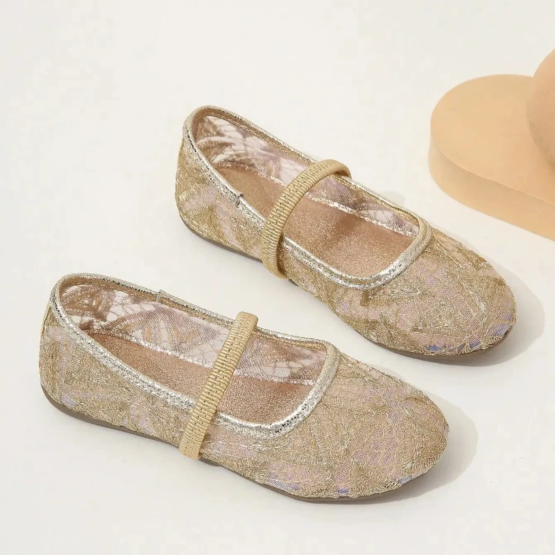 Golden Mesh Thread Embroidery Round Toes Comfortable Breathable Girls' Flats Versatile Summer Shoes for Girls Zapatos De Niña