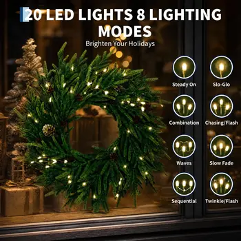 24 Inch Mixed Pine Artificial Christmas Wreath with LEDs and Timer 20 Lights 8 Lighting Modes Cypress and Pine Cones Battery Operated Pre Lit Xmas Decor for Front Door Wall and Fireplace 4