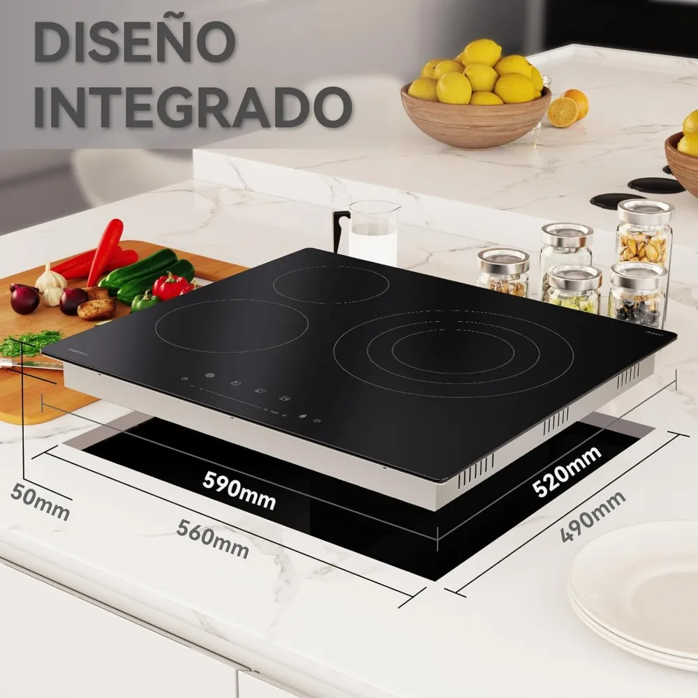 Magicplux Placa Vitrocer Policia 3 Fuegos، 59 سم فيتروسيراميلا دوبل منطقة، 16 نيفليس دي بوتينسيا، يتحكم في Táctiles، Temporizador،