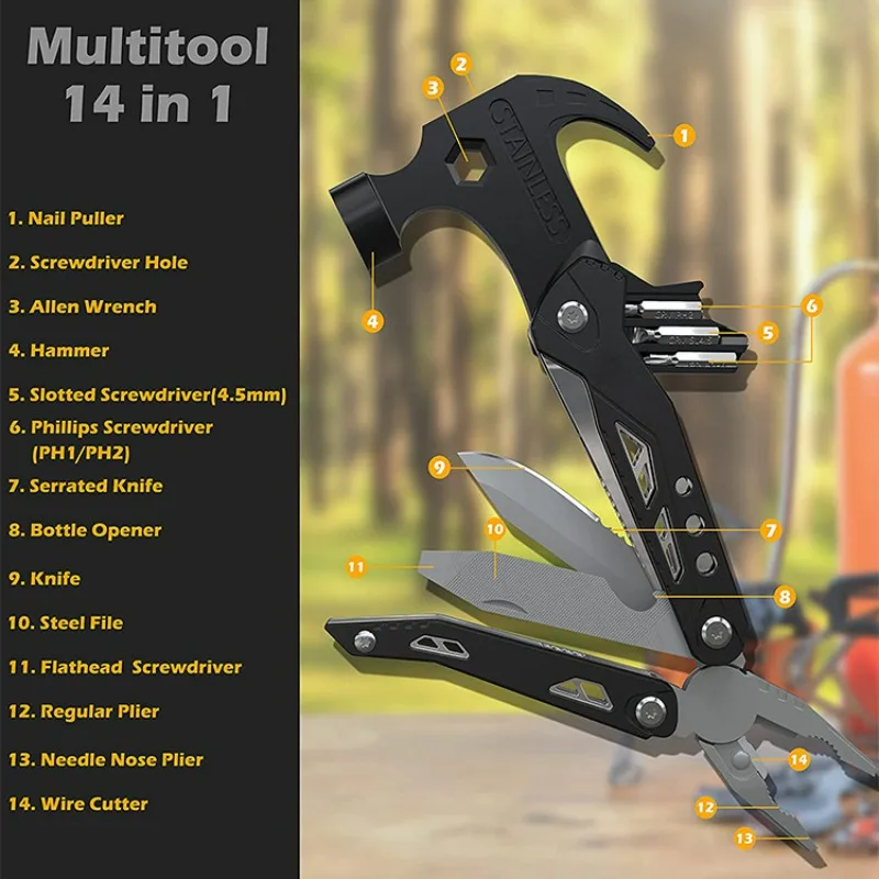 14-in-1 Multifunctional Claw Hammer, Outdoor Camping Multi-purpose Plier Hammer Integrated Car Safety Hammer Combo Tool