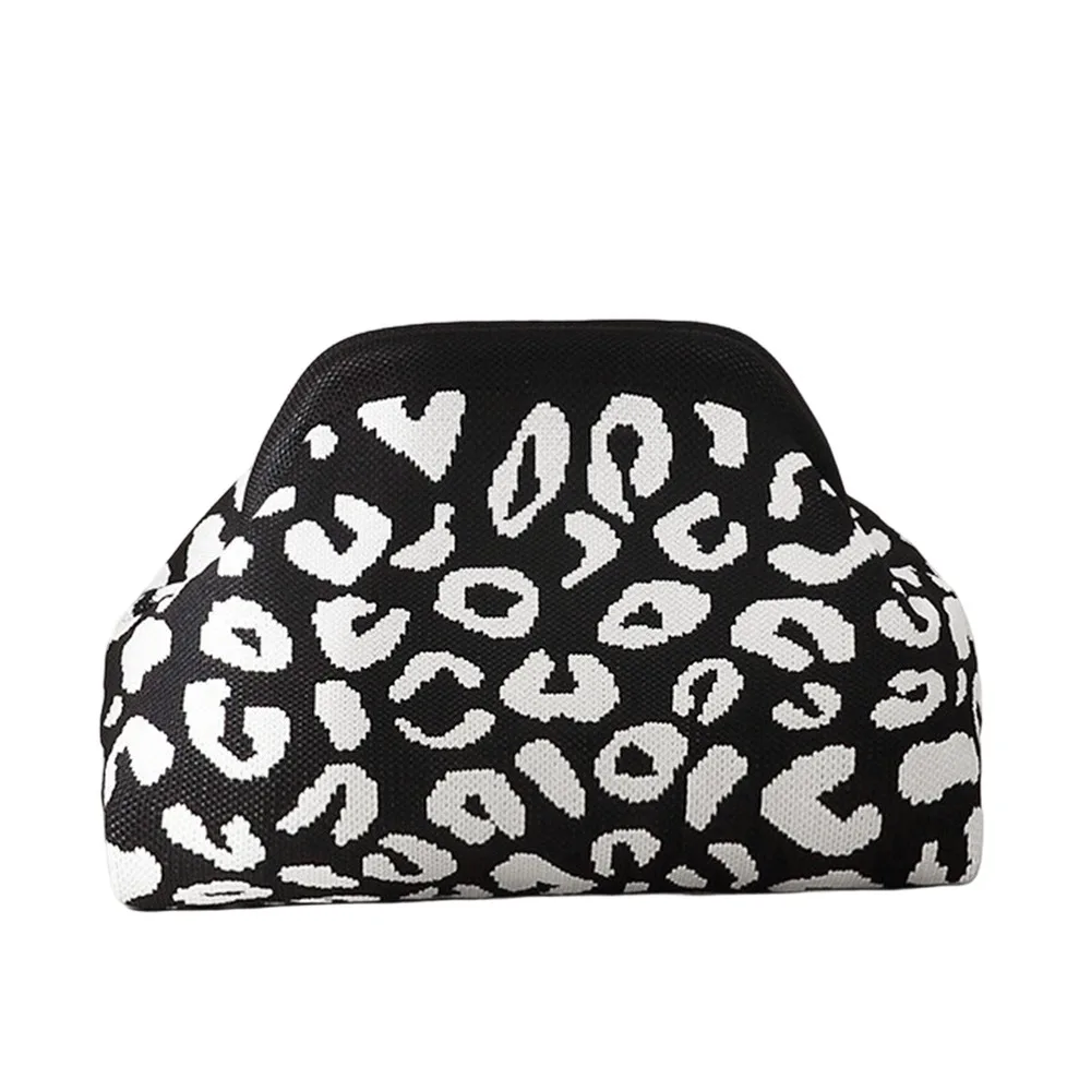 Fashion Polyester Clutch Bag Knitted Fabric Large Capacity Hand Bag Clip Closure Leopard Print Cosmetic Bag Shopping