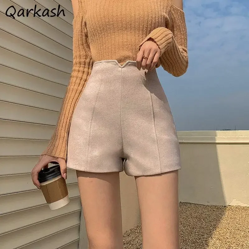 

Узкие шорты женские из искусственной шерсти с высокой талией осенние новые стильные шорты Mujer в корейском стиле универсальные простые элегантные ретро 5XL