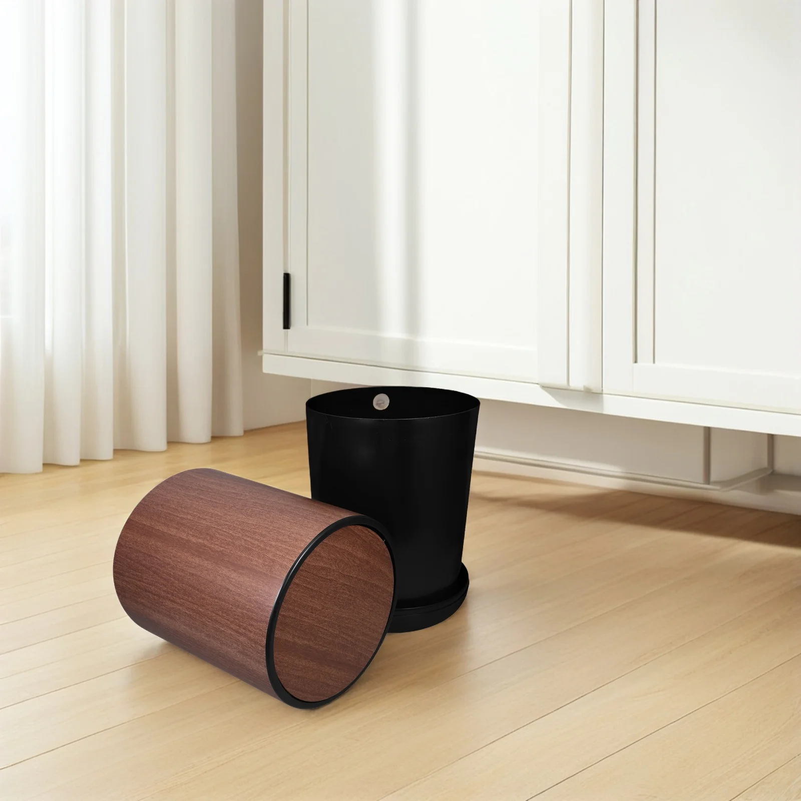 

Dual Layer Flip Lid Trash Can Wood Grain Plastic Waste Bin for Bathroom Bedroom Office Small Garbage Can Trashcan with Lid