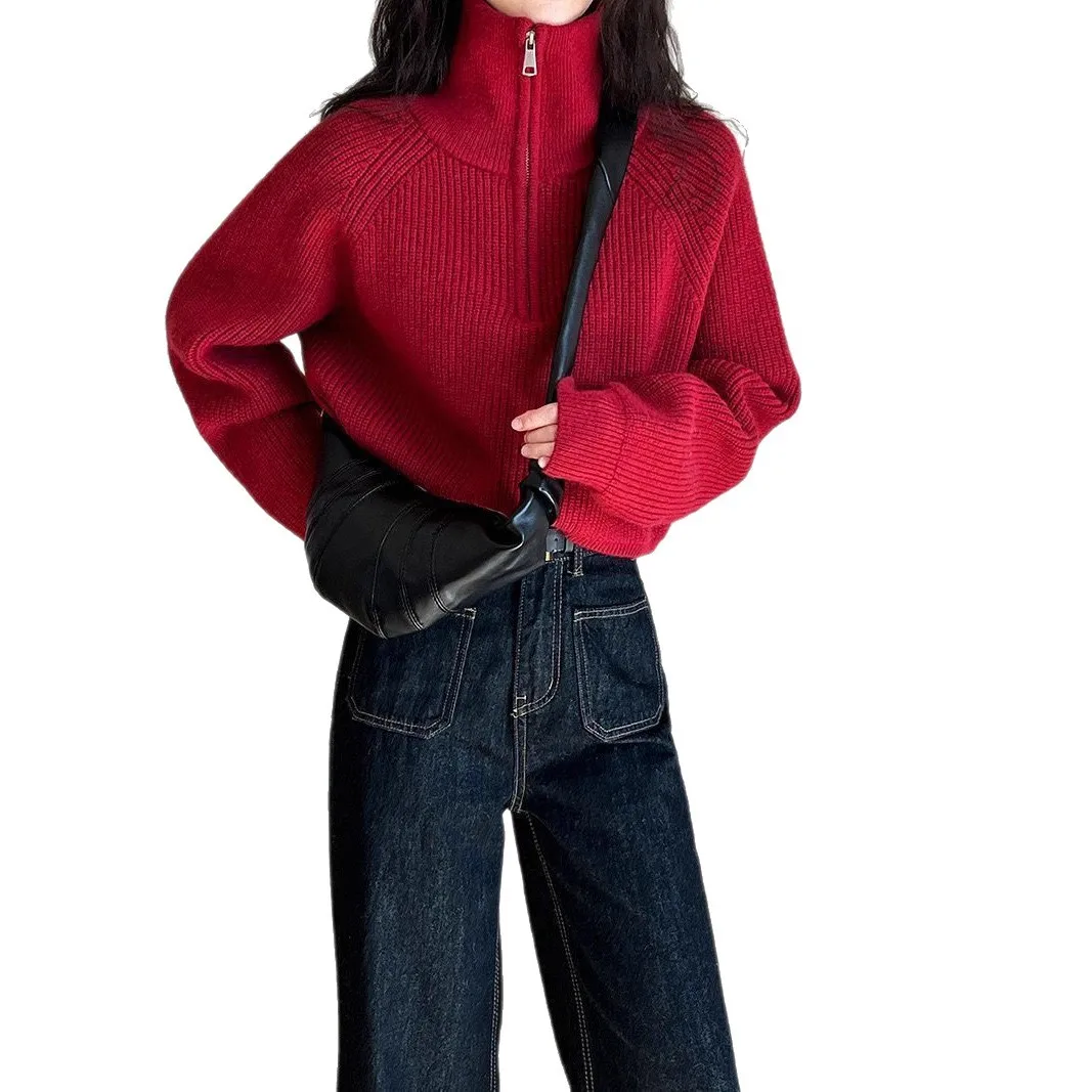 

Women's Semi High Collar Zipper Knitted Shirt-Short Style High Waist Loose & Thick for Autumn & Winter Outer WearLD800224