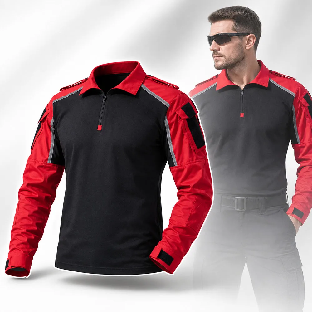 Men's Tactical Combat Shirt Long Sleeve Frog Suit Top with Reflective Trim Sleeve Pockets for Airsoft Paintball Outdoor Training