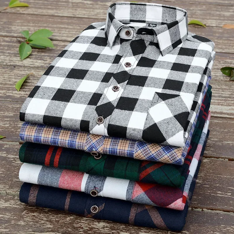 Men\'s Plaid Brushed Long Sleeve Shirts Single Pocket Comfortable Shirt Casual Fashion Standard Fit Button Down Checked Shirts