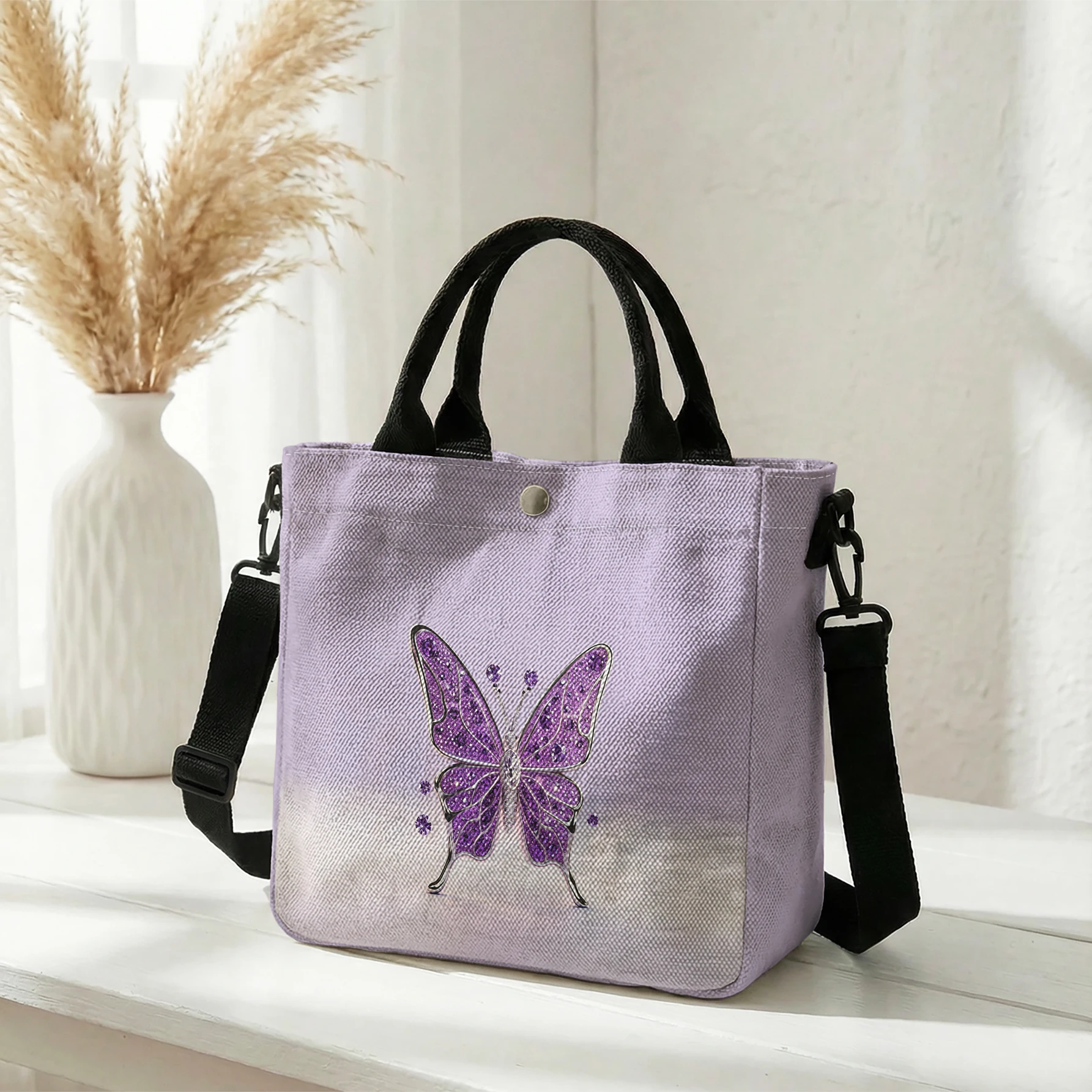 Purple Glitter Butterfly Print Tote Bag, Detachable Strap Crossbody Handbag For Daily Work Shopping