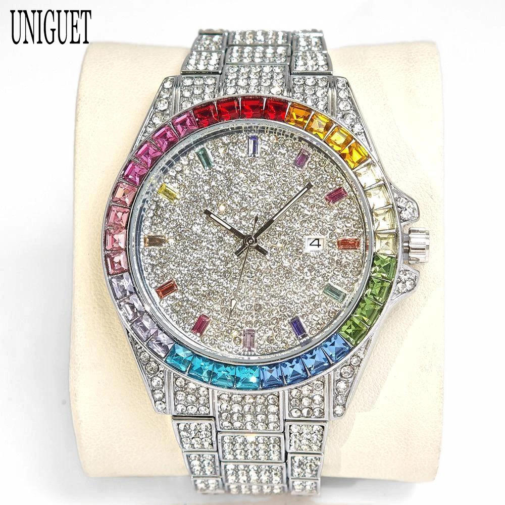 Rainbow Diamond Watch For Men Brand UNIGUET Luxury Gold Ice Out Watch Hip Hop Jewelry Quartz Wrist Watch Man 2025 Hot Selling