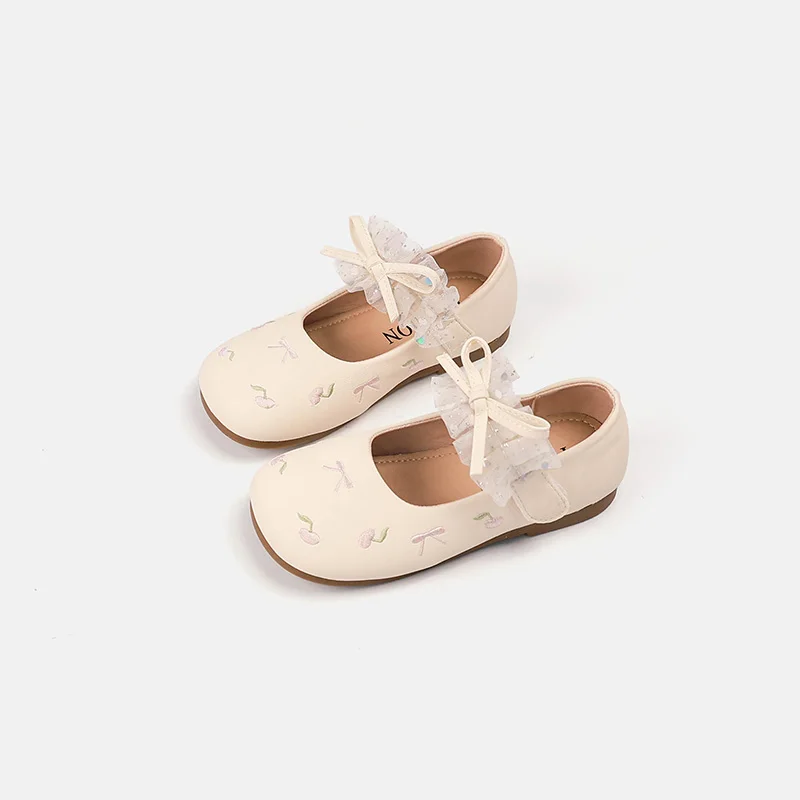 Children Embroidered Mary Jane Shoes Sweet Lace Bow Girls Princess Dress Flat Shoes Wedding Party Non-slip Kids Leather Shoes