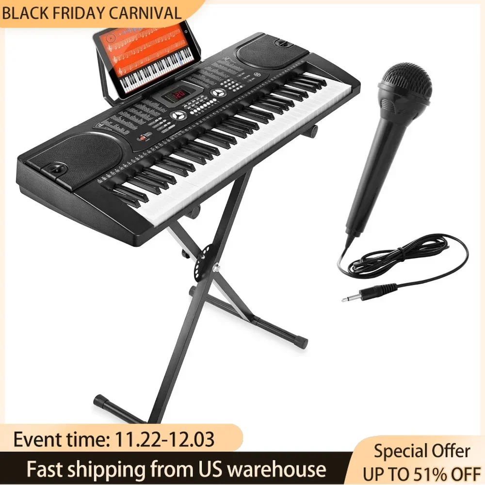 61-Key Electronic Piano Electric Organ Music Keyboard with Stand, Microphone, & Sticker Sheet - Black