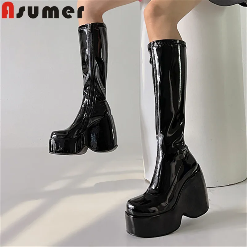 

ASUMER 2024 New Arrive Fashion Ladies Knee High Boots Zipper Pu Boots Woman Winter Thick High Heels Platform Shoes