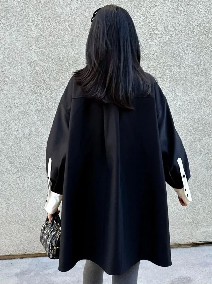 قميص نسائي أنيق للربيع بألوان متباينة وأكمام طويلة وتصميم فضفاض، ياقة عالية متعددة الاستخدامات، قميص طويل متوسط الطول للنساء #3